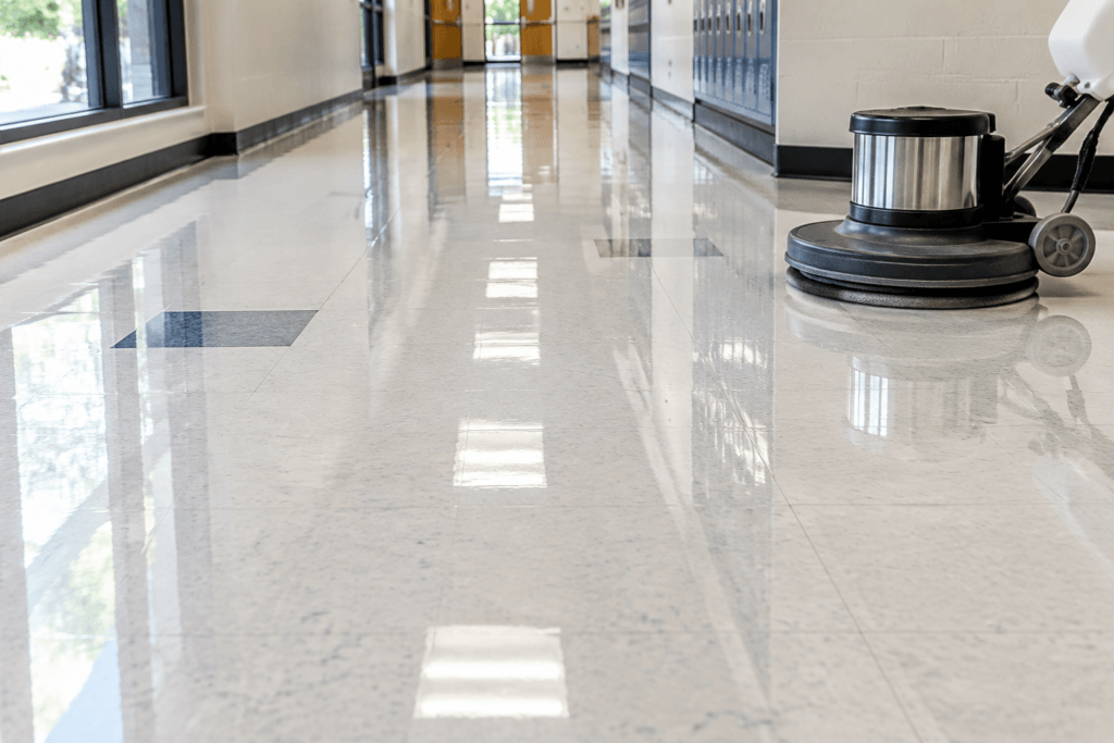 High-gloss VCT floor after strip and finish