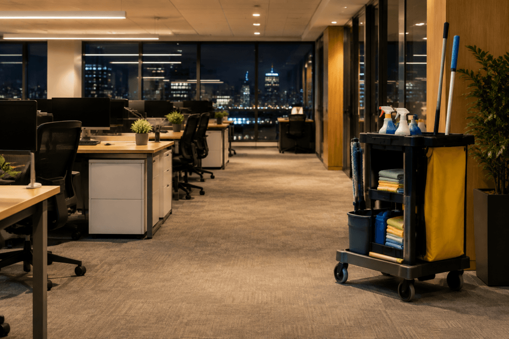 Commercial office after nightly janitorial cleaning