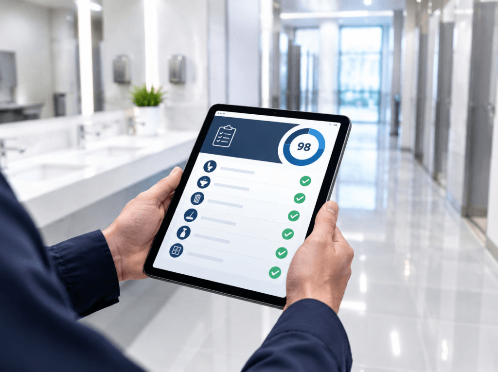 Supervisor reviewing a digital cleaning inspection report on a tablet
