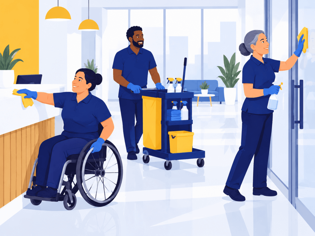 Illustration of a diverse cleaning crew, including a team member who uses a wheelchair, cleaning an office lobby